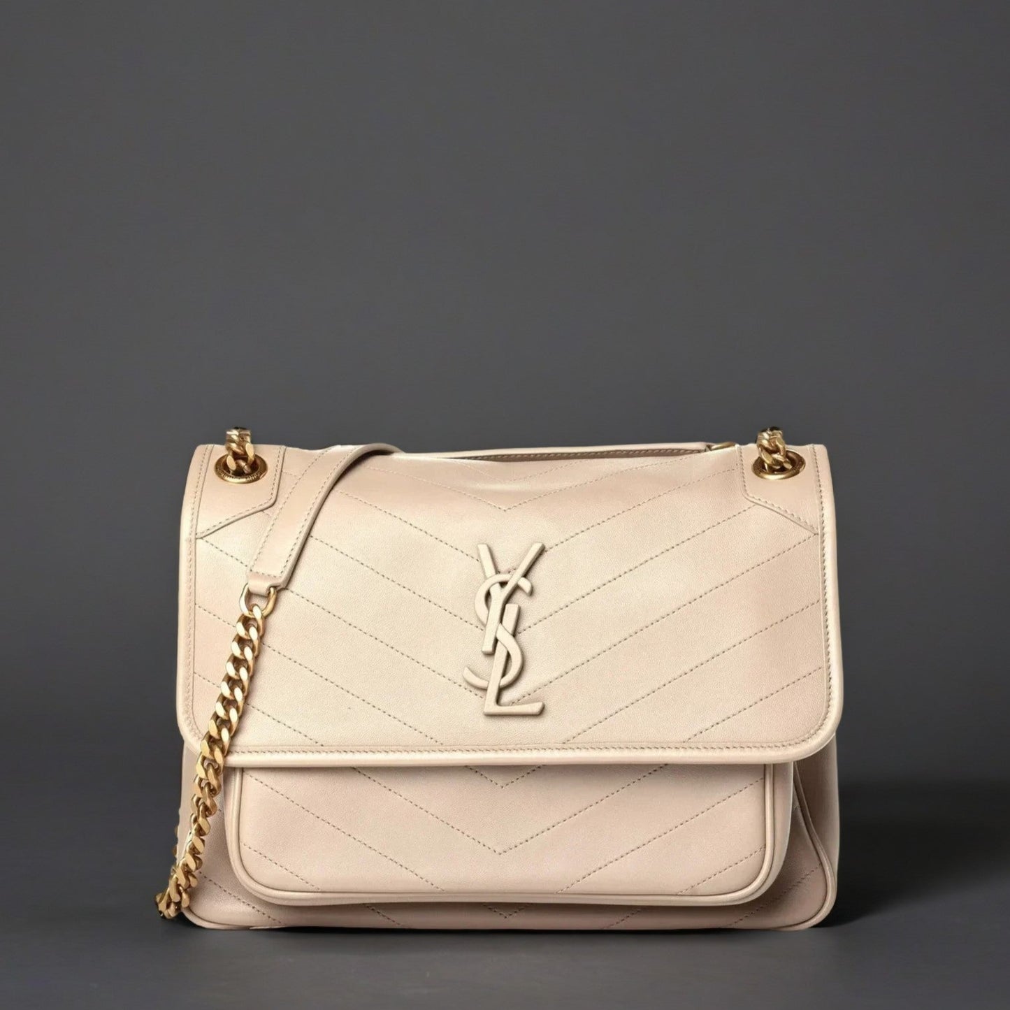 Lambskin Matelasse Monogram Medium Niki Chain Satchel Dark Beige