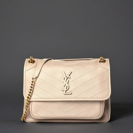 Lambskin Matelasse Monogram Medium Niki Chain Satchel Dark Beige
