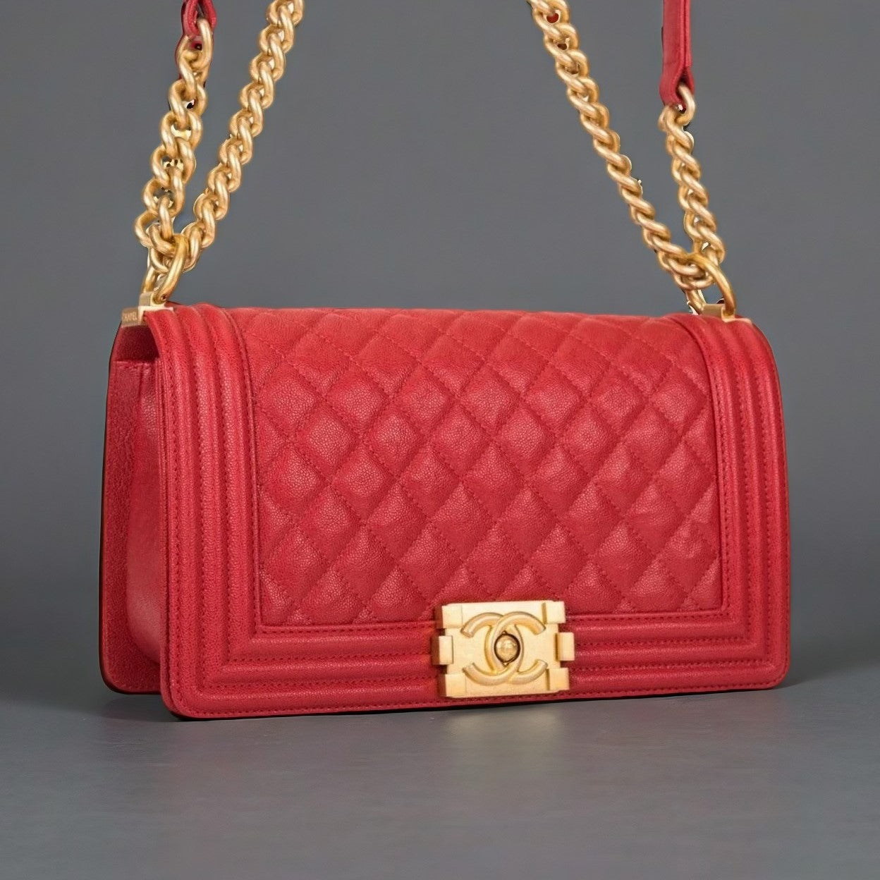 Chanel Red Quilted Caviar Medium Boy Bag Antique Gold Hardware
