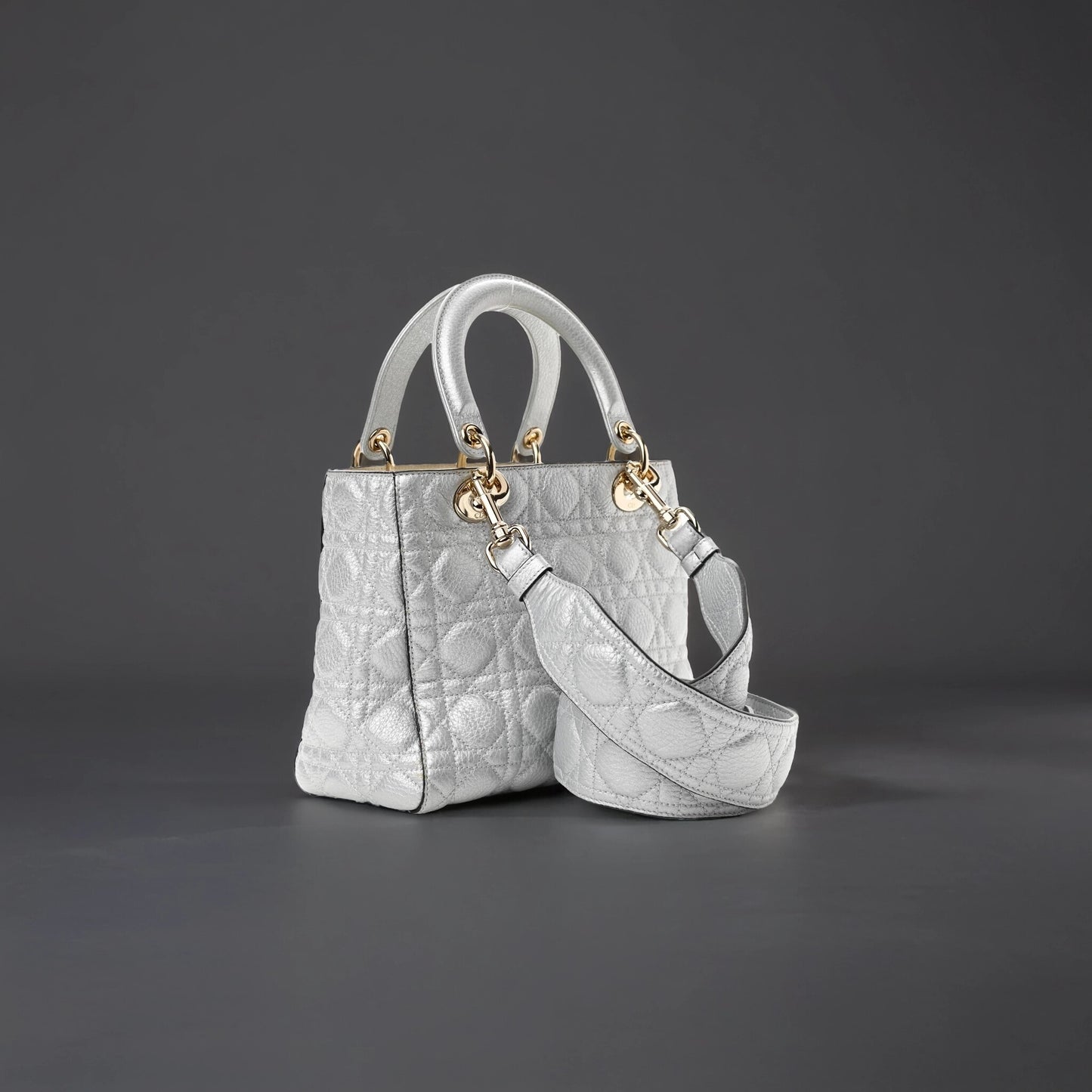 Metallic Grained Calfskin Cannage Medium Supple Lady Dior Silver