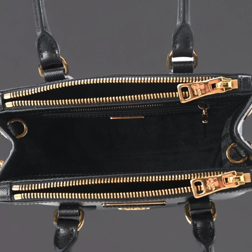 Saffiano Lux Mini Galleria Double Zip Tote Black