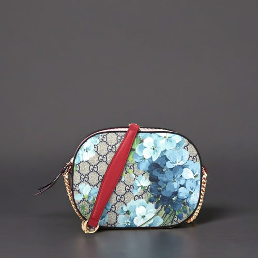 GG Supreme Monogram Blooms Mini Chain Shoulder Bag Beige Blue Navy Hibiscus Red