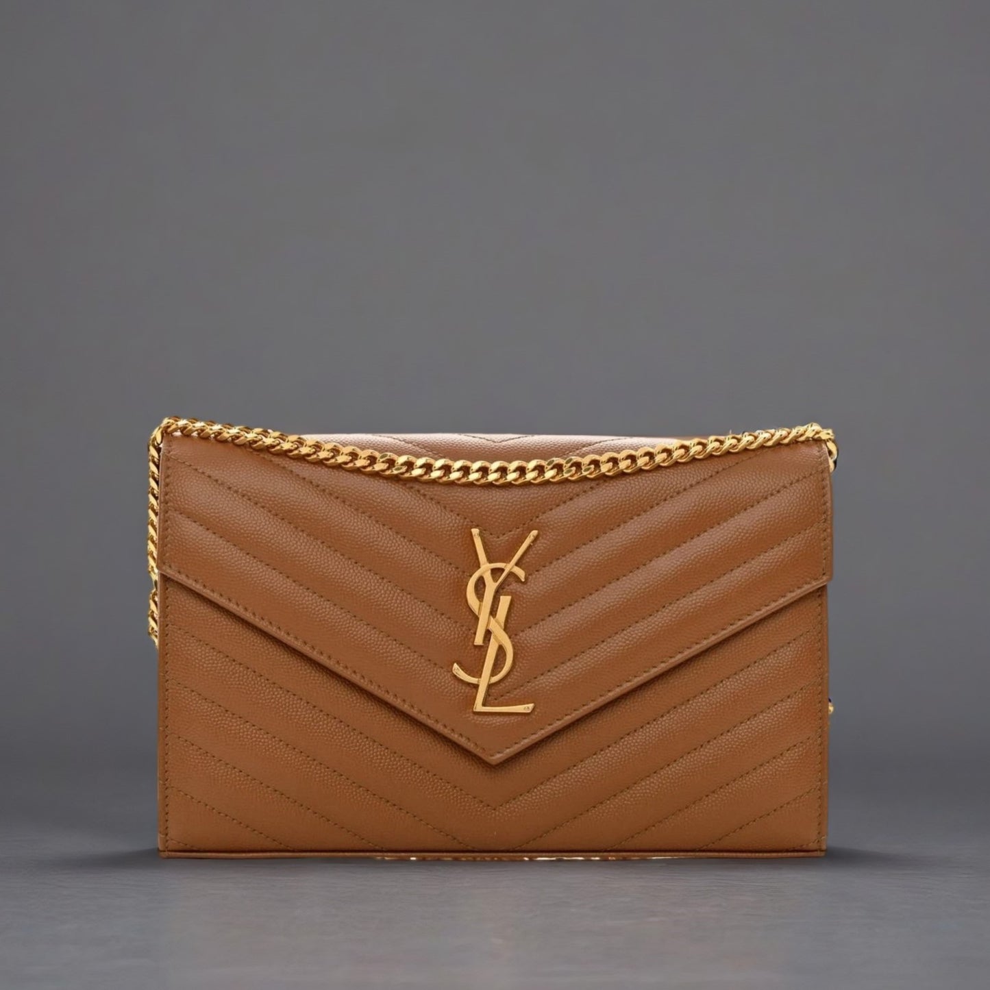 Grain De Poudre Matelasse Chevron Monogram Chain Wallet Dark Natural