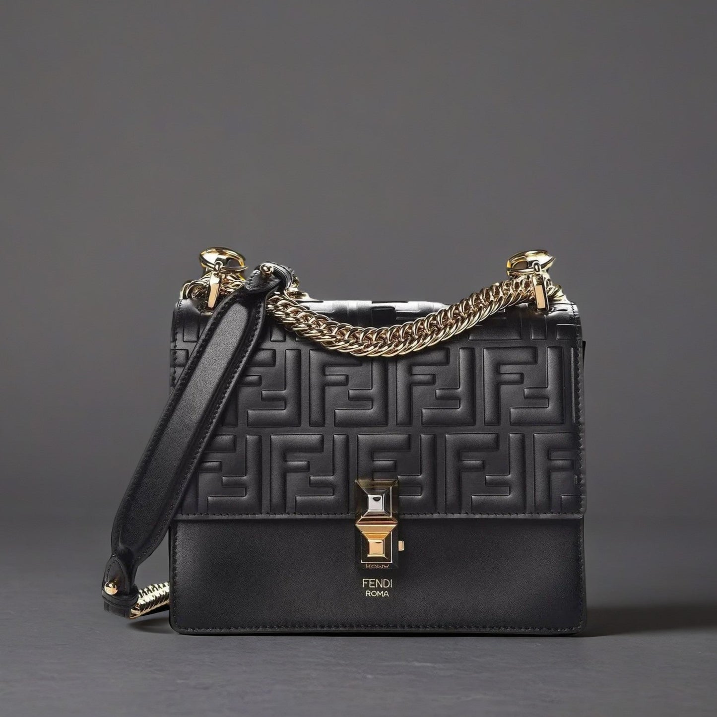 Calfskin FF 1974 Embossed Small Kan I Shoulder Bag Black