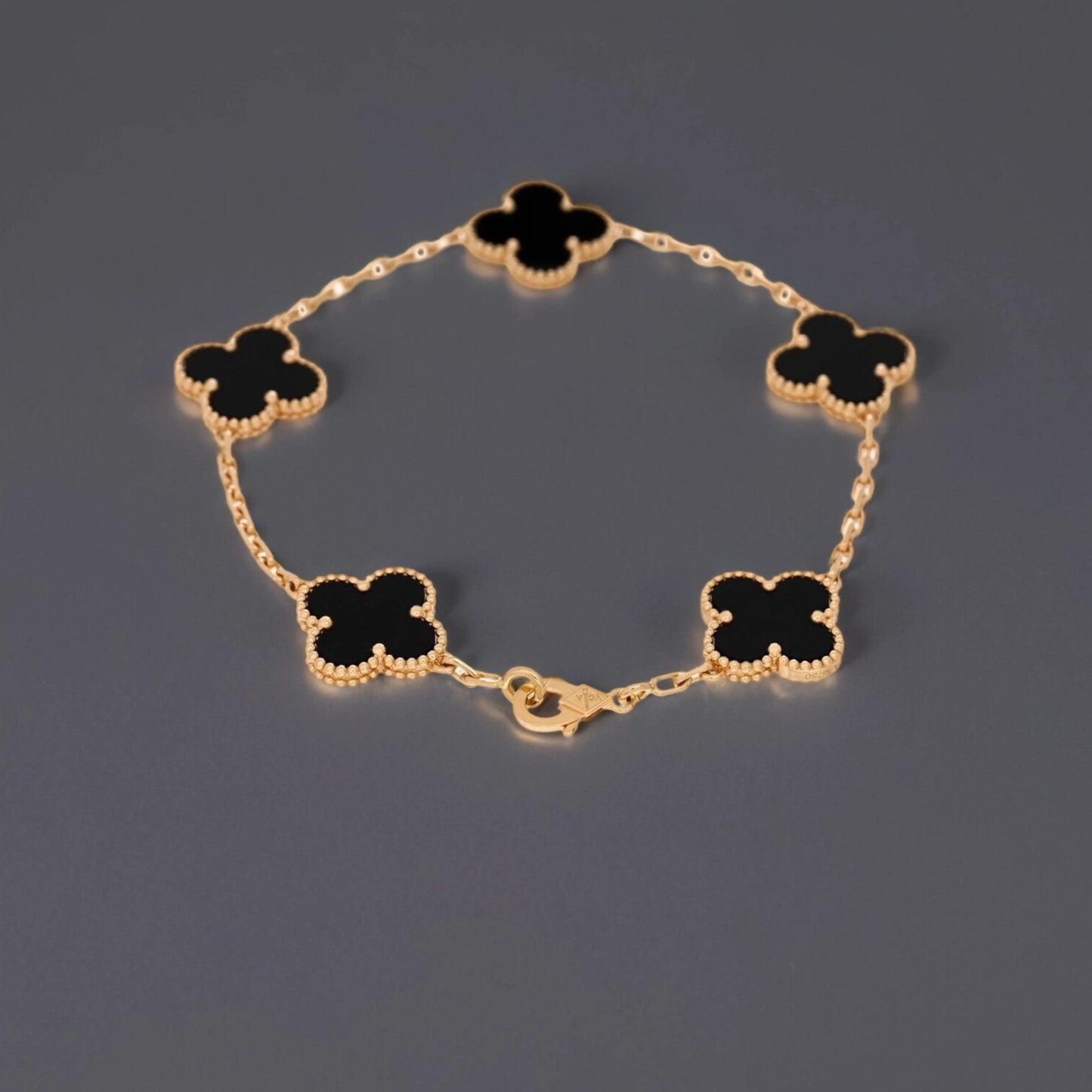 18K Yellow Gold Black Onyx 5 Motifs Vintage Alhambra Bracelet