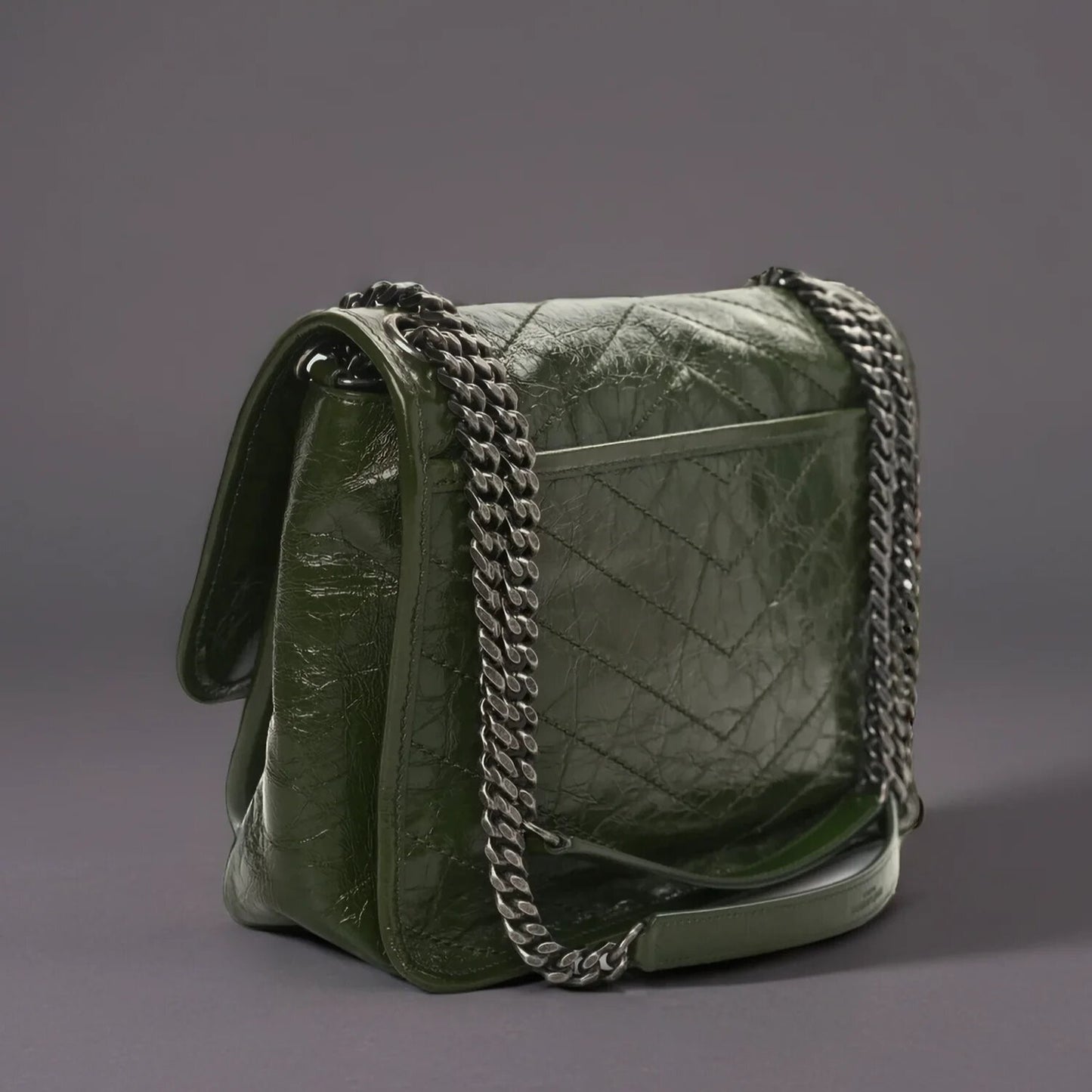 Crinkled Calfskin Matelasse Monogram Medium Niki Chain Satchel Military Olive