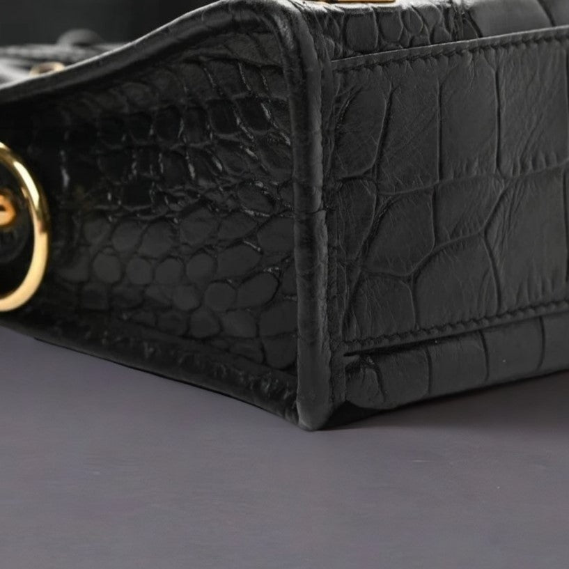 Calfskin Crocodile Embossed Gold Metallic Edge Hardware Mini City Black