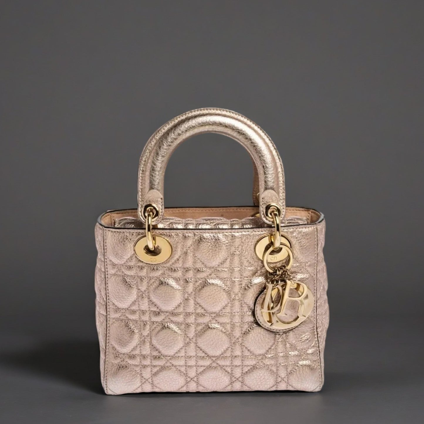 DIOR Dior Metallic Rose Gold Quilted Leather Small Supple Lady Dior Tote