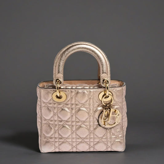 DIOR Dior Metallic Rose Gold Quilted Leather Small Supple Lady Dior Tote