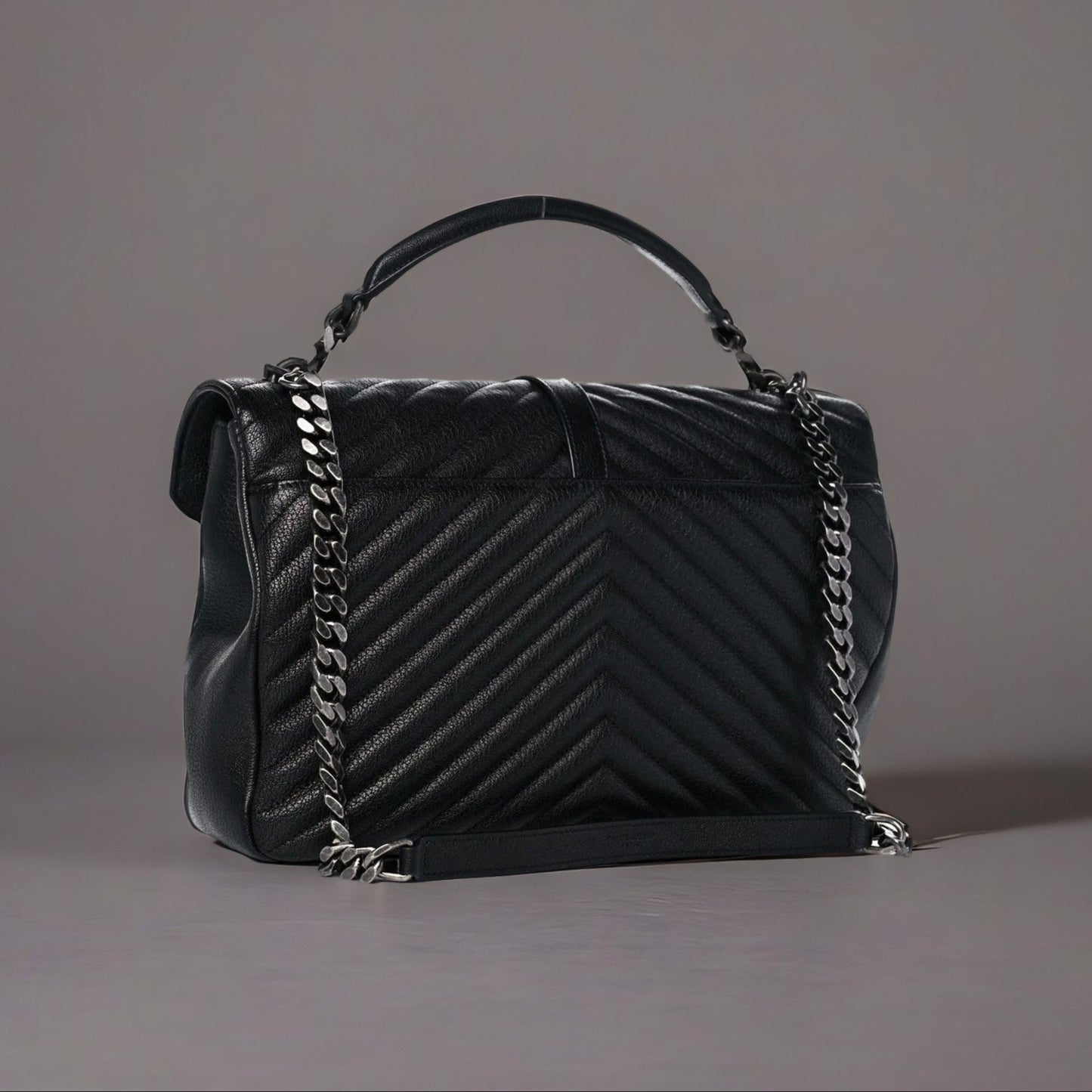 Sheepskin Matelasse Chevron Monogram Large College Satchel Black