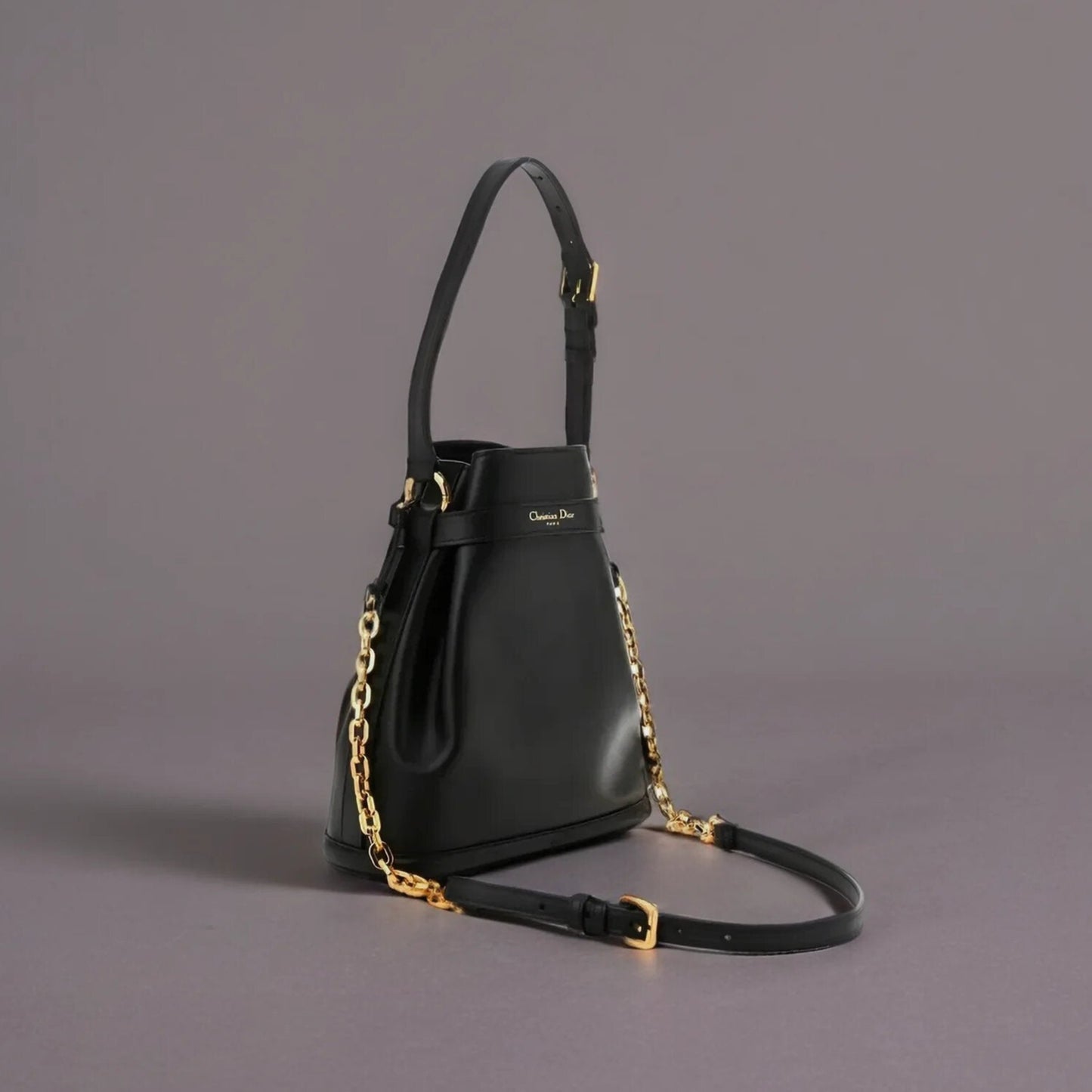 Calfskin CD Embossed Medium C'est Chain Bucket Bag Black