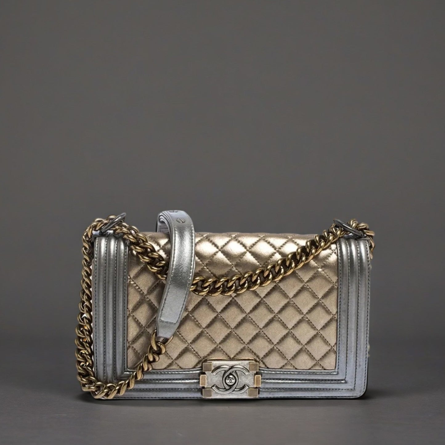 Chanel Gold/Grey Quilted Leather Medium Boy Flap Bag