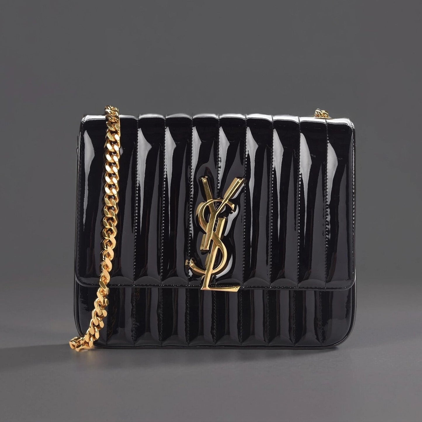 Patent Matelasse Monogram Large Vicky Chain Bag Black