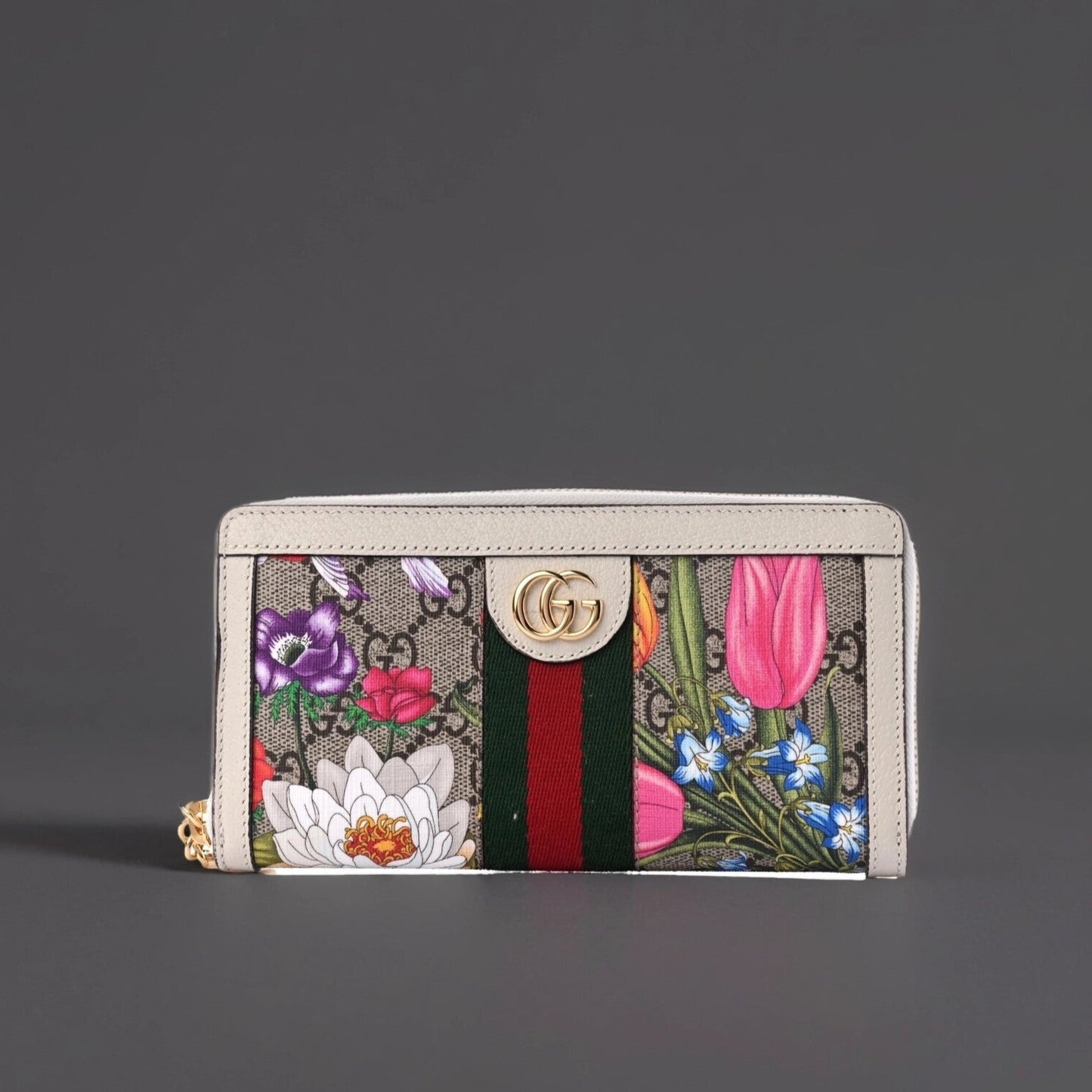 GG Supreme Monogram Flora Ophidia Zip Around Wallet White