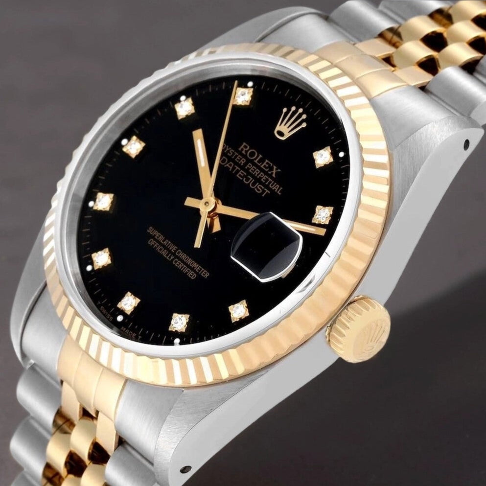 Rolex Datejust 36mm Steel Yellow Gold Black Diamond Dial Watch