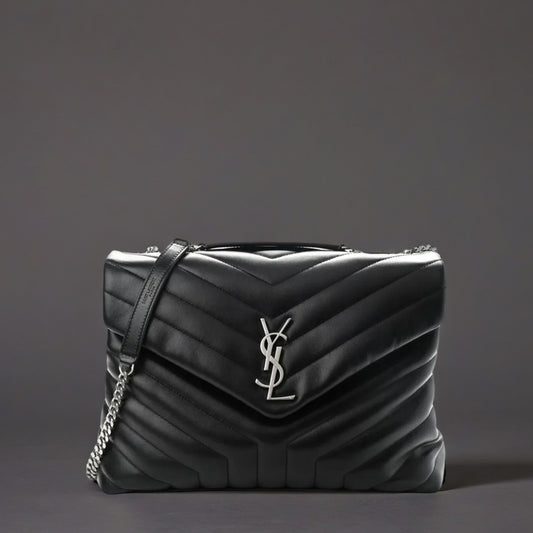 Calfskin Y Quilted Monogram Medium Loulou Chain Satchel Black