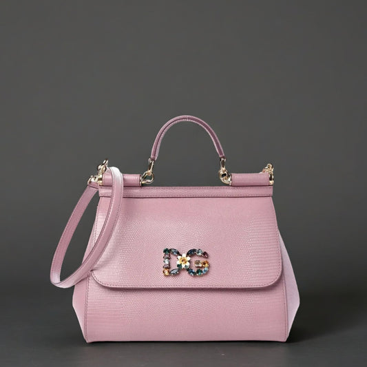 DOLCE & GABBANA Stampa Iguana Crystal Medium Miss Sicily Satchel Pink