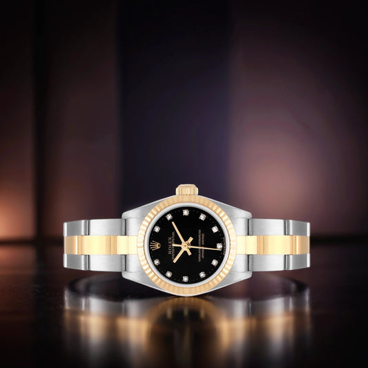 Rolex Oyster Perpetual Steel Yellow Gold Black Diamond Dial Watch