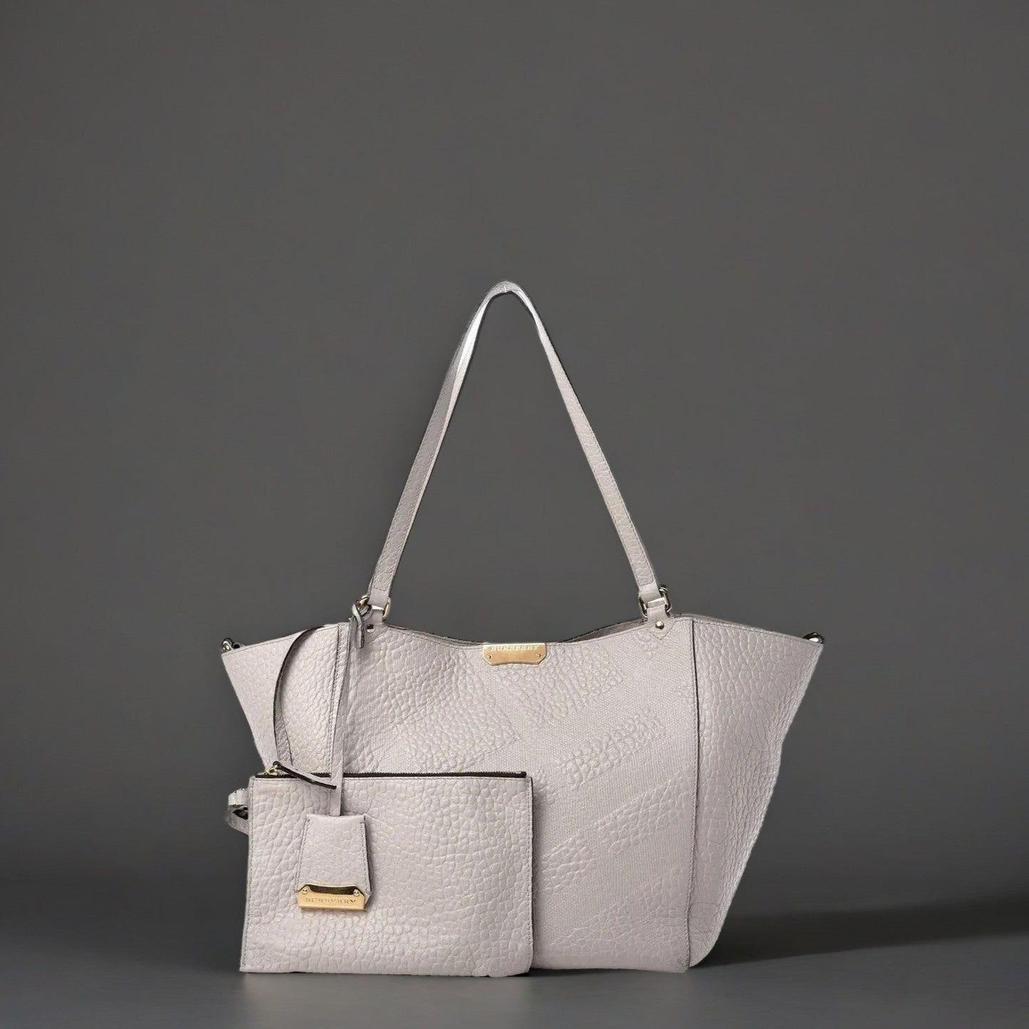 Signature Grain Calfskin Check Embossed Small Canterbury Tote Stone White
