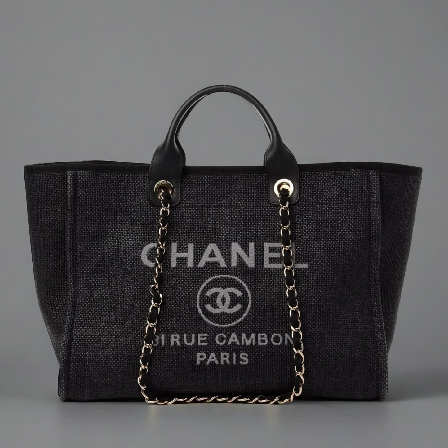 Woven Straw Raffia Medium Deauville Tote Black