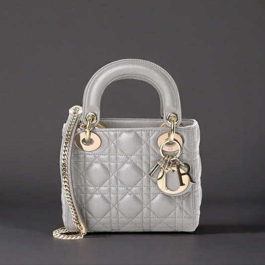 Metallic Lambskin Cannage Mini Lady Dior Grey