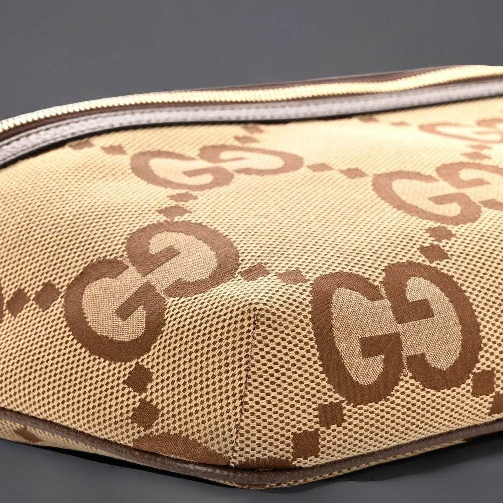 Monogram Jumbo GG Textured Dollar Calfskin Web Belt Bag Camel Ebony New Acero