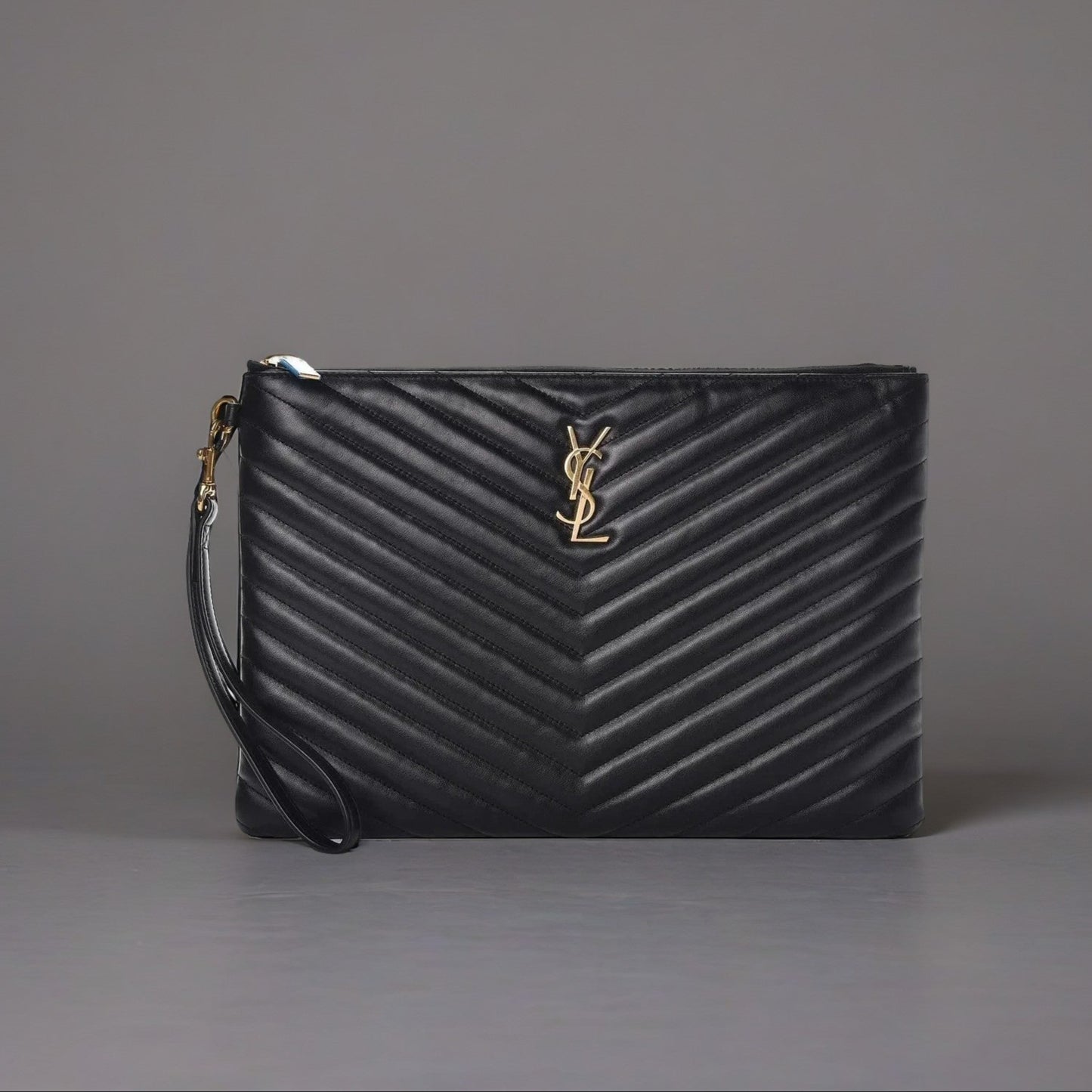 Calfskin Matelasse Chevron Monogram Zip A4 Pouch Black