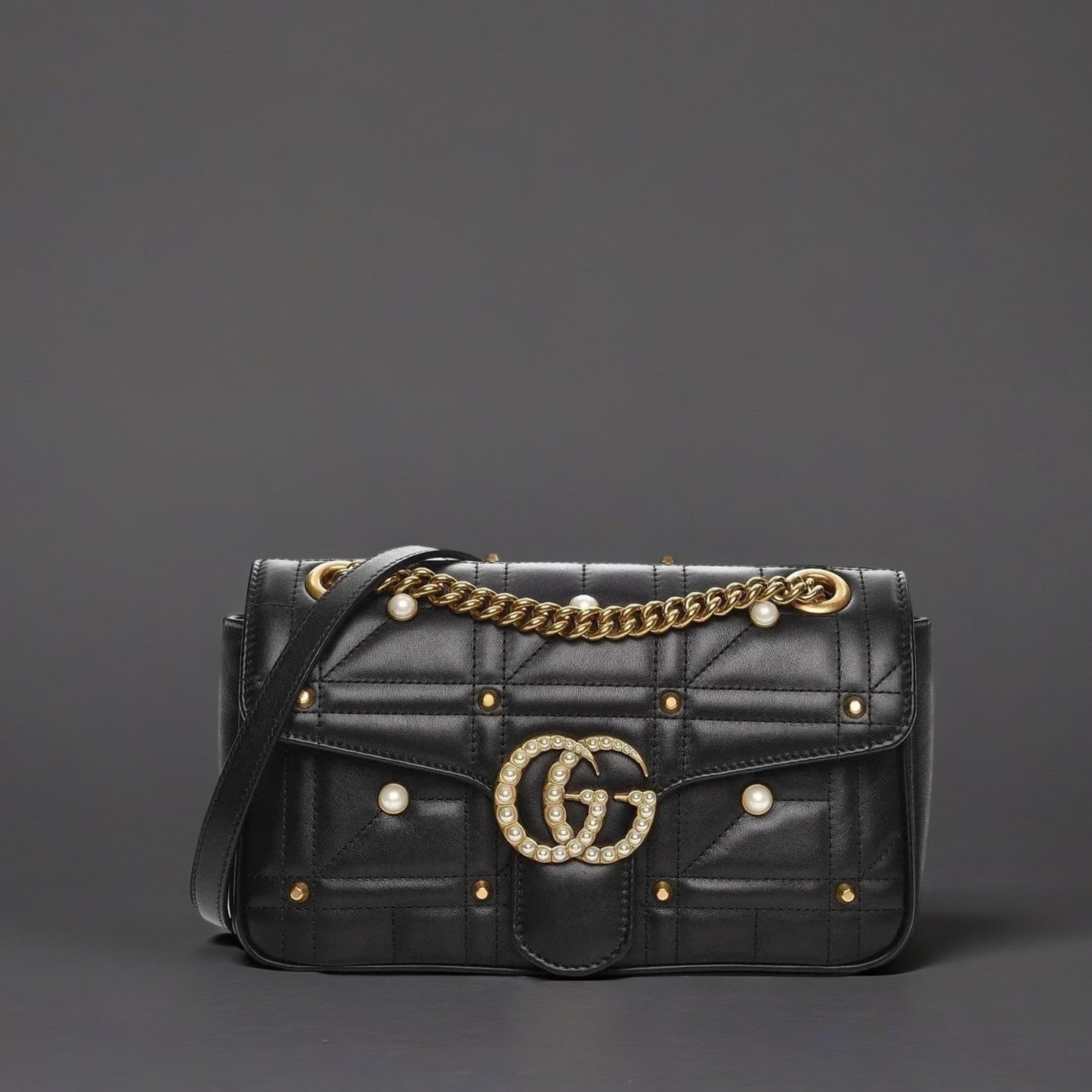 Calfskin Matelasse Studded Small Pearly GG Marmont Shoulder Bag Black