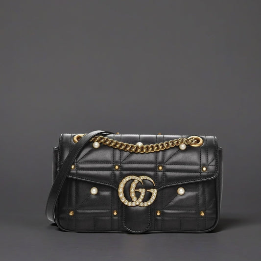 Calfskin Matelasse Studded Small Pearly GG Marmont Shoulder Bag Black
