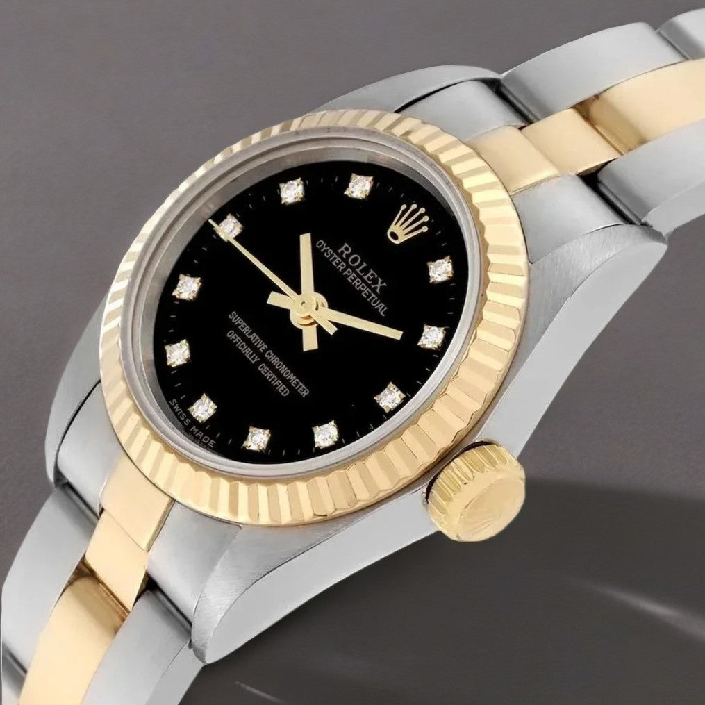 Rolex Oyster Perpetual Steel Yellow Gold Black Diamond Dial Watch