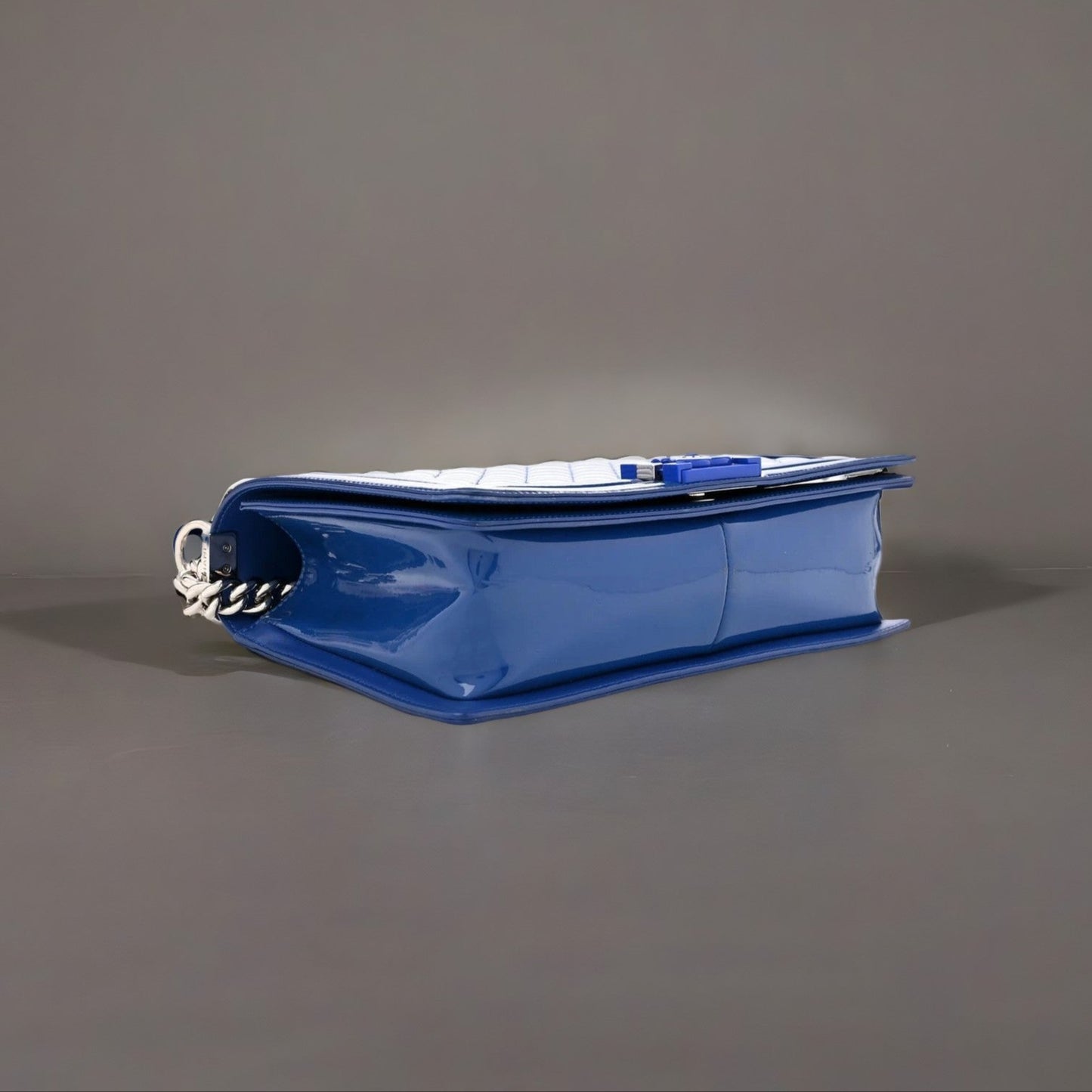 Blue Quilted Patent Leather New Medium Plexiglass Boy Bag