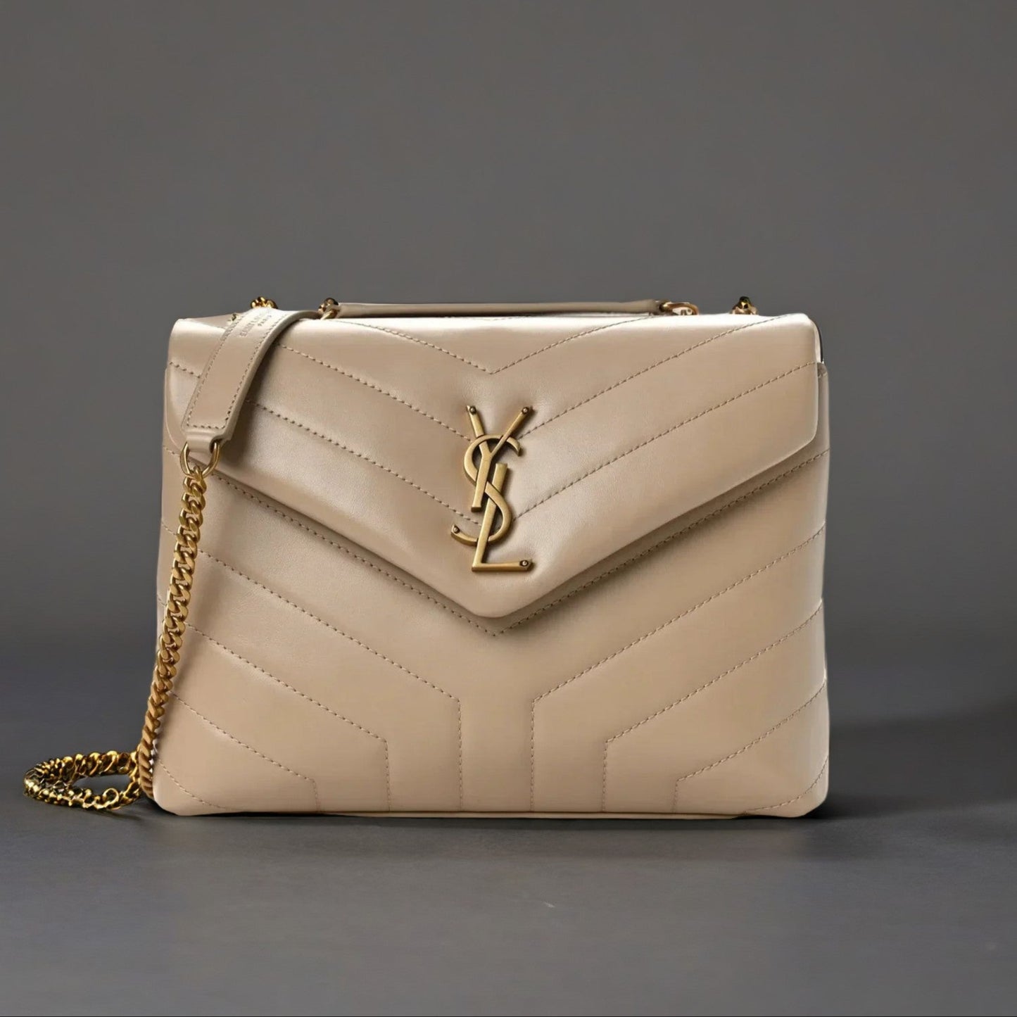 Calfskin Y Quilted Monogram Small Loulou Chain Satchel Dark Beige