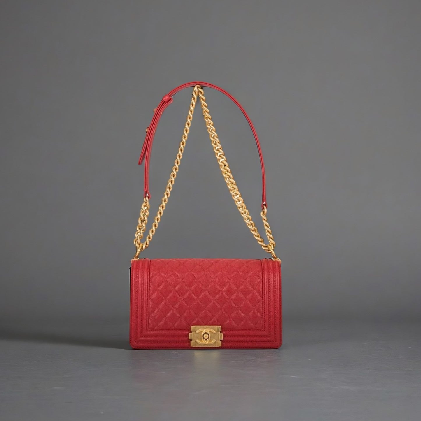 Chanel Red Quilted Caviar Medium Boy Bag Antique Gold Hardware