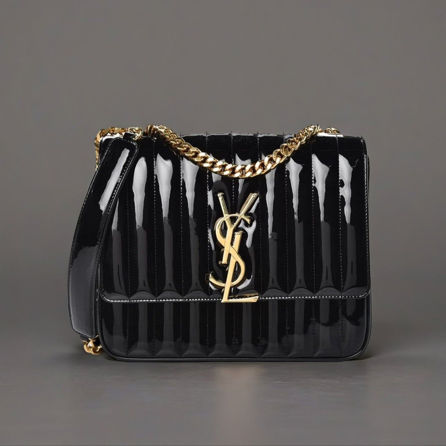 Patent Matelasse Monogram Large Vicky Chain Bag Black