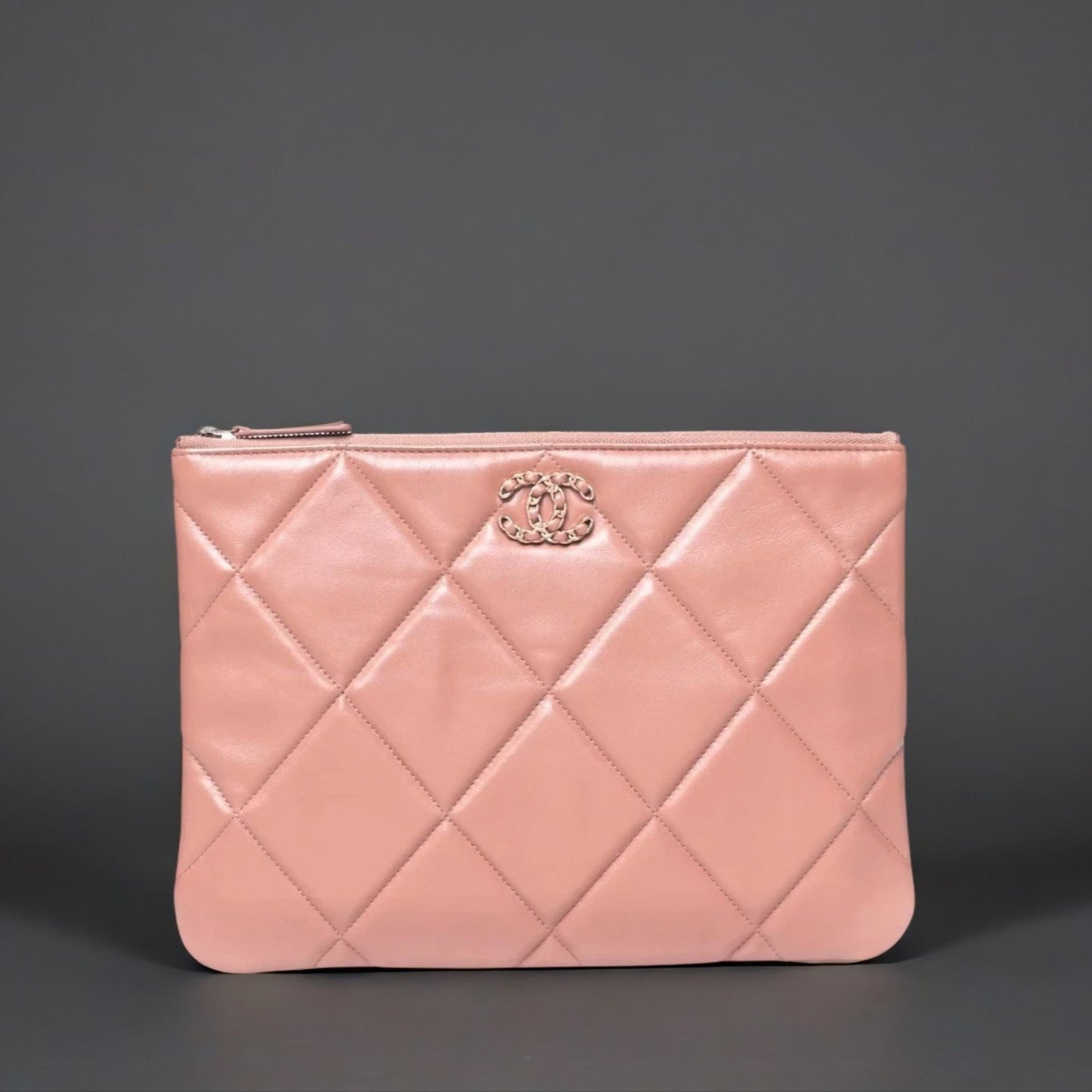 Goatskin Quilted Large Chanel 19 Pouch Light Pink