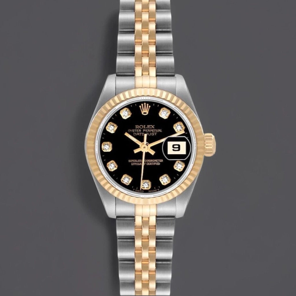 Rolex Datejust 26mm Steel Yellow Gold Black Diamond Dial Ladies Watch