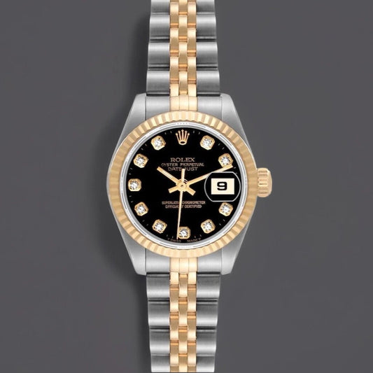 Rolex Datejust 26mm Steel Yellow Gold Black Diamond Dial Ladies Watch