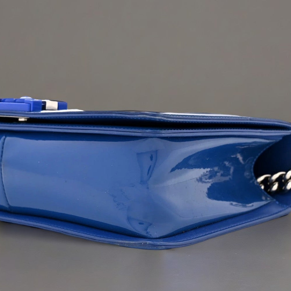 Blue Quilted Patent Leather New Medium Plexiglass Boy Bag