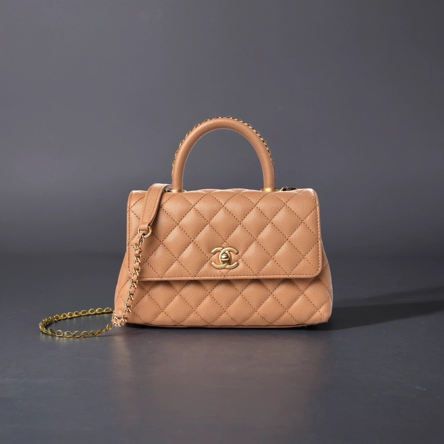 Caviar Quilted Small Coco Chain Handle Flap Dark Beige