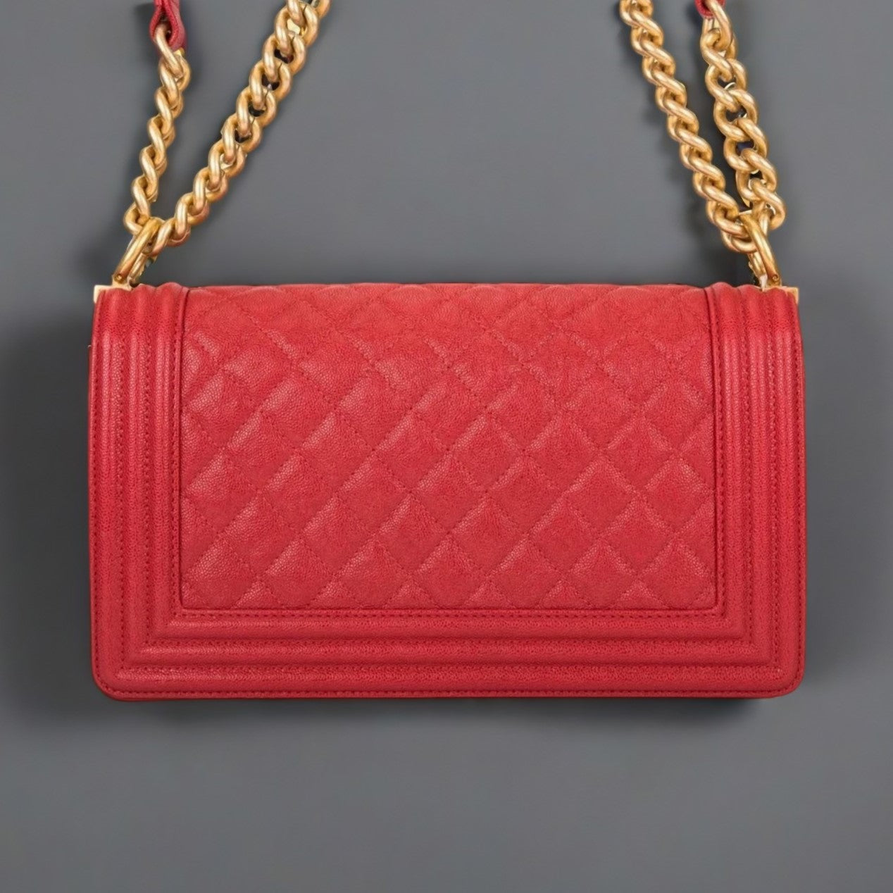 Chanel Red Quilted Caviar Medium Boy Bag Antique Gold Hardware