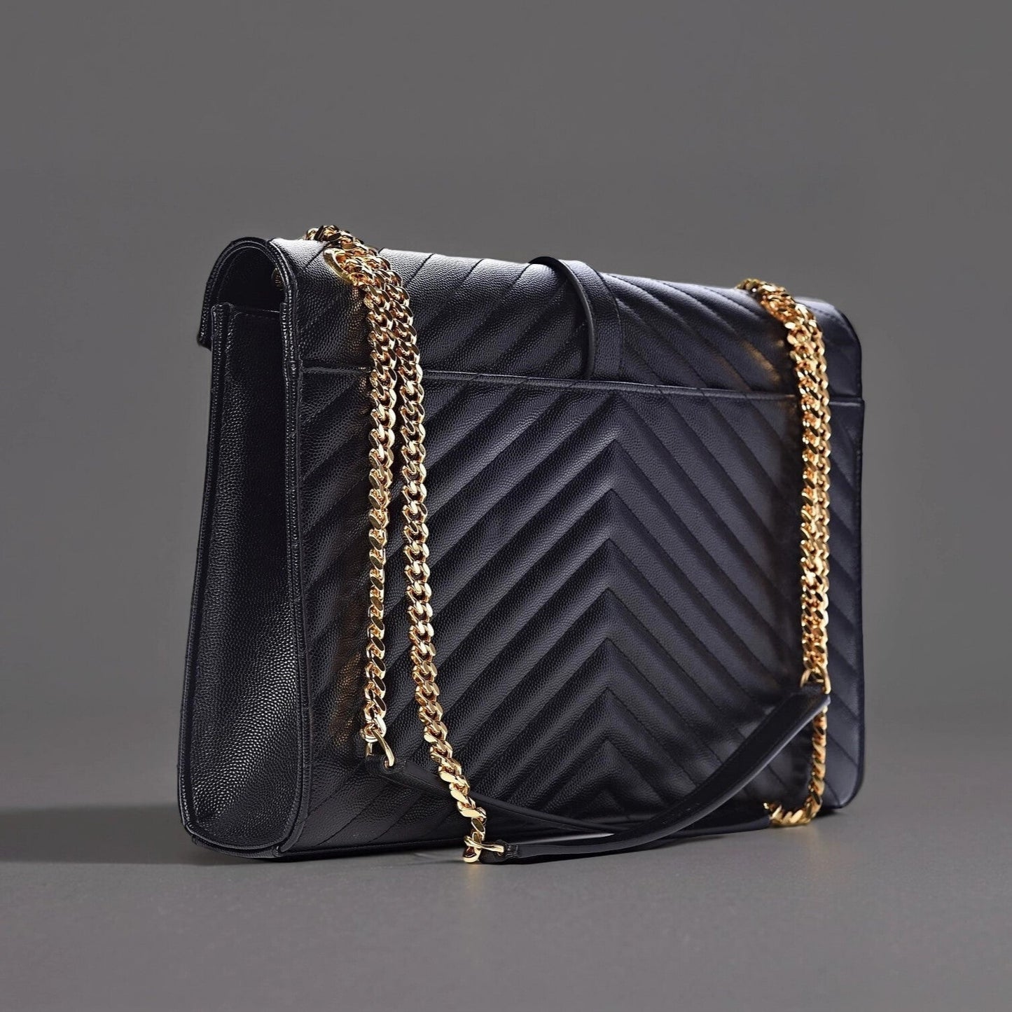 Grain De Poudre Matelasse Chevron Large Monogram Satchel Black