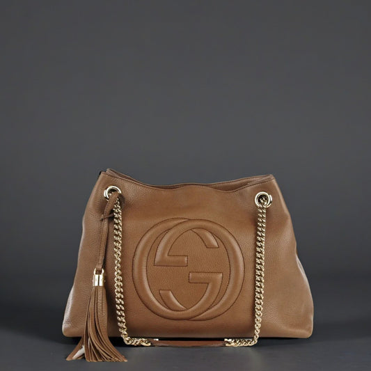 Pebbled Calfskin Medium Soho Chain Shoulder Bag Maple Brown