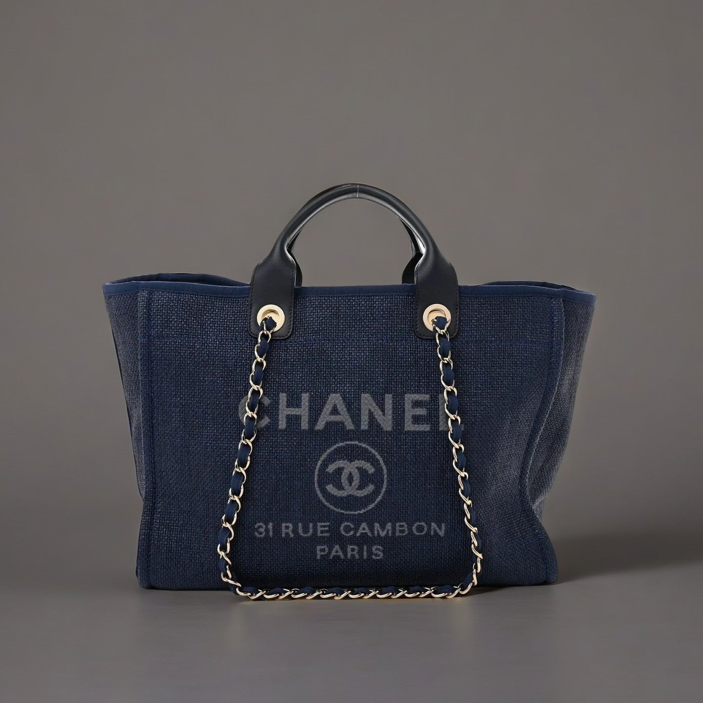 Woven Straw Raffia Medium Deauville Tote Navy