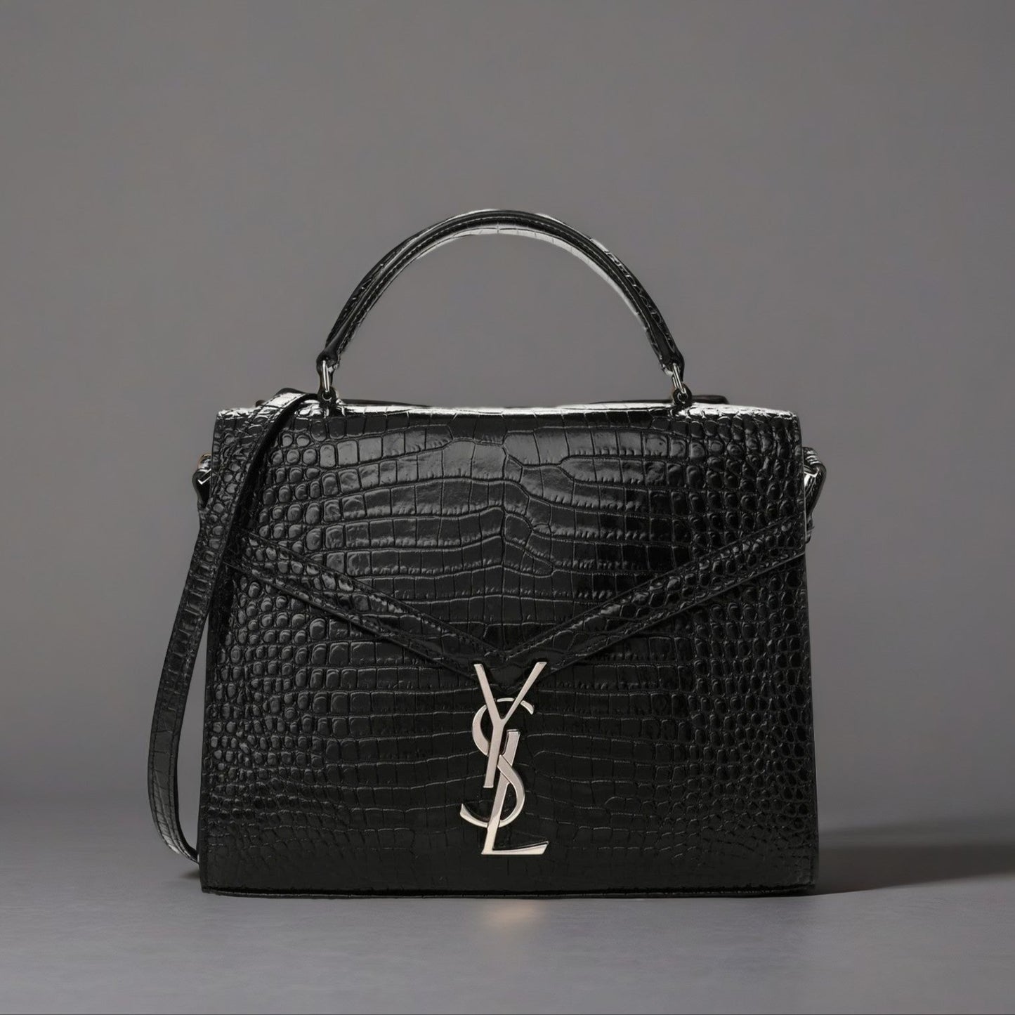 Calfskin Crocodile Embossed Medium Classic Monogram Cassandra Top Handle Black Rouge Legion