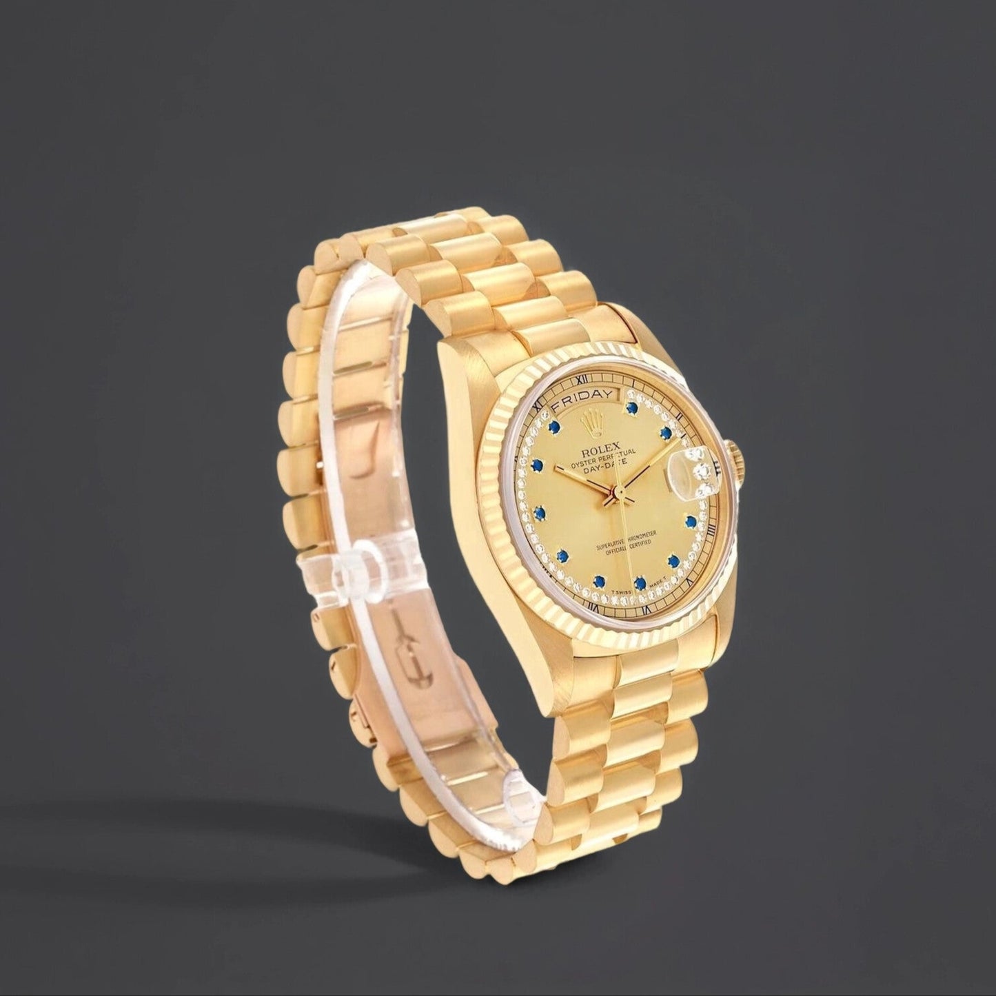 Rolex President 36mm Day-Date Yellow Gold String Diamond Watch