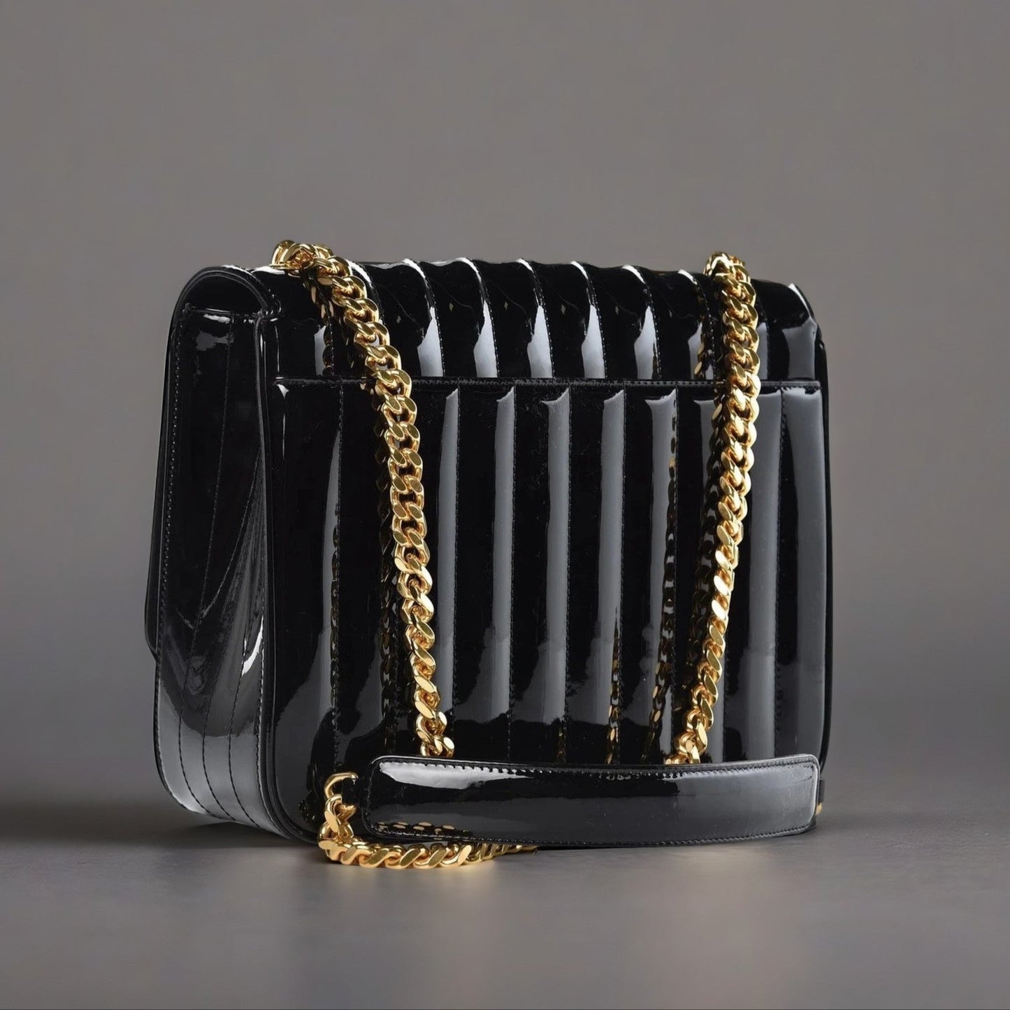 Patent Matelasse Monogram Large Vicky Chain Bag Black
