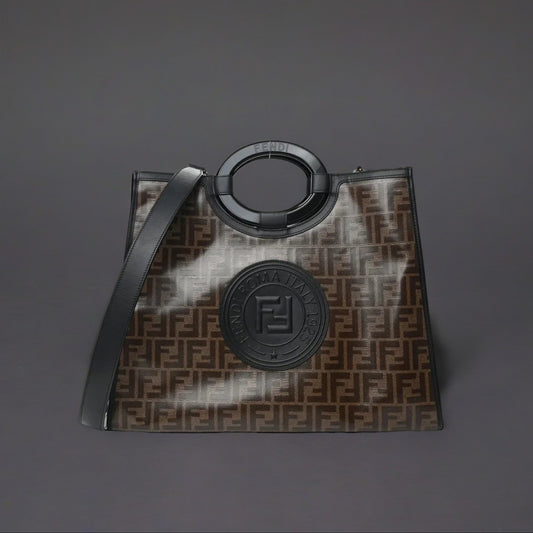 Glazed Fabric Vitello Century Plexiglass FF 1974 Stamp Patch Medium Runaway Shopper Tote Mogano Panna Black