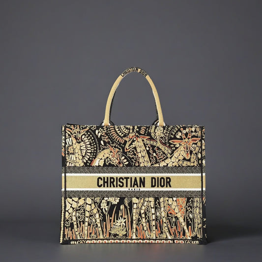 Canvas Embroidered Dior Animals Giraffe Book Tote Yellow Multicolor