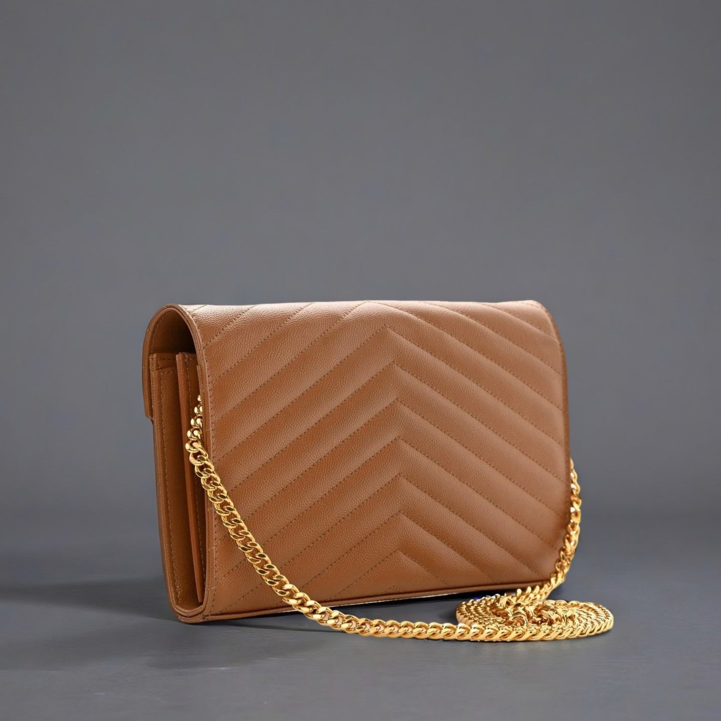Grain De Poudre Matelasse Chevron Monogram Chain Wallet Dark Natural