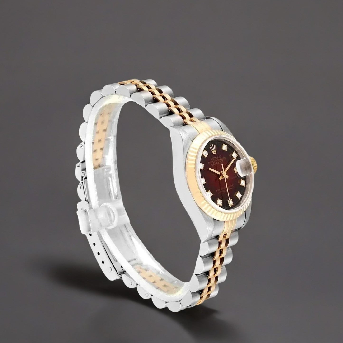 Rolex Datejust 26mm Steel Yellow Gold Red Vignette Diamond Watch